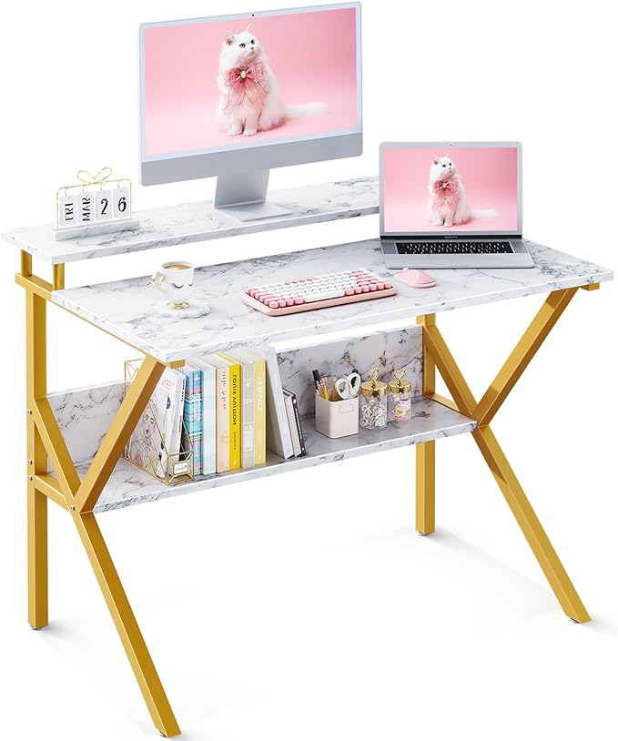 ODK Small Desk, 27.5 Inch Computer Desk for Small Spaces, Kids Desk with Storage, Study Table with Monitor Stand for Homeschool, White Marble + Gold Leg