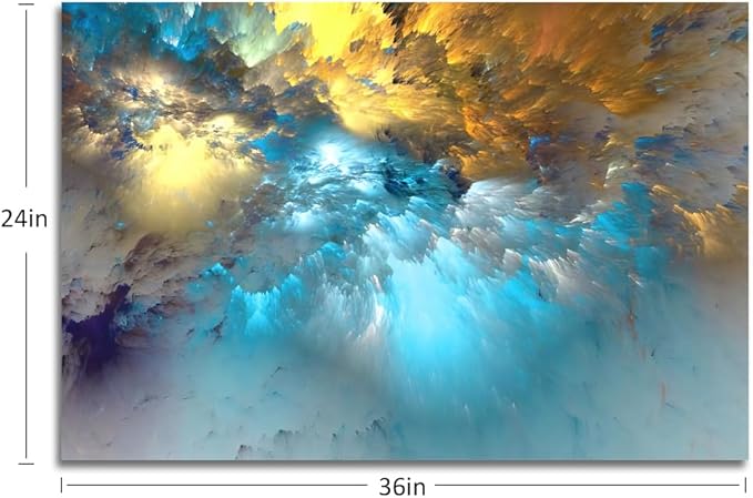 Golden Canvas Wall Art Blue Modern Abstract Painting Prints Colorful Smoke Billowing on White Background Framed Energetic Artwork Pictures for Living Room Bedroom Hallway Wall Decoration 36x24in