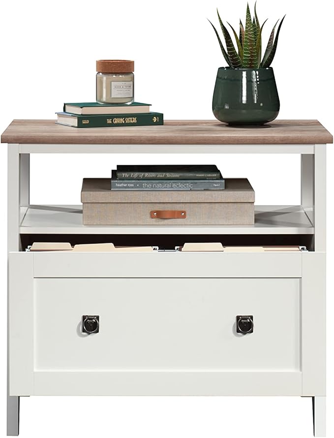 Sauder August Hill File Cabinet 1-Drawer with Open Shelf, Legal Size Filing Cabinet - Soft White Finish