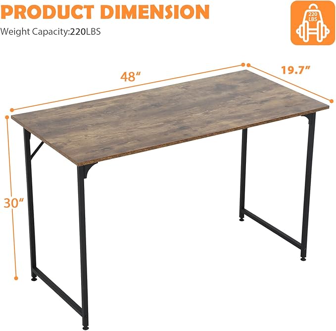48 Inch Desk,Adjustable Leg Pads,Wood and Metal Desk,Gaming Desk,Modern Simple Style Desk for Home Office,Desk for Bedroom,Metal Frame Computer Table,Study Table,Black,Vintage