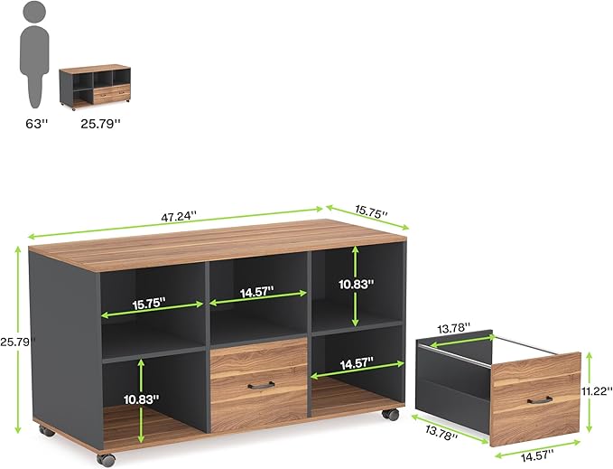 Tribesigns 2 Drawers Lateral File Cabinets, Home Office 47-inch Mobile Wood Filing Cabinet Printer Stand with Wheels and Open Storage Shelves,Drawers for Letter Size (Brown)
