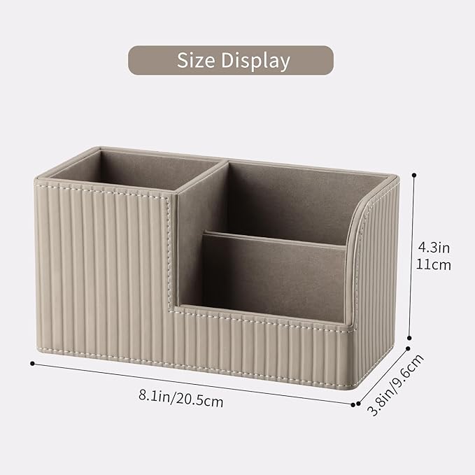 KINGFOM Desk Pen Organizer Office Supplies Caddy Pu Leather Multi-function Storage Box Pen/Pencil,Cell phone, Business Name Cards Remote Control Holder (Mocha Beige)
