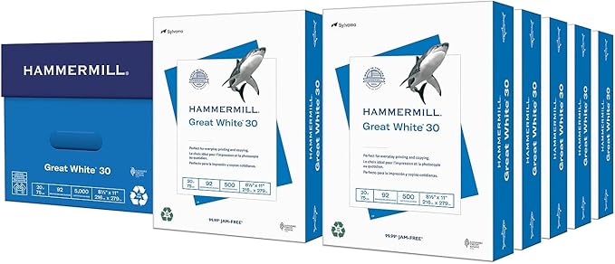 Hammermill Printer Paper, Great White 30% Recycled Paper, 8.5 x 11-10 Ream (5,000 Sheets) - 92 Bright, Made in the USA, 086700C