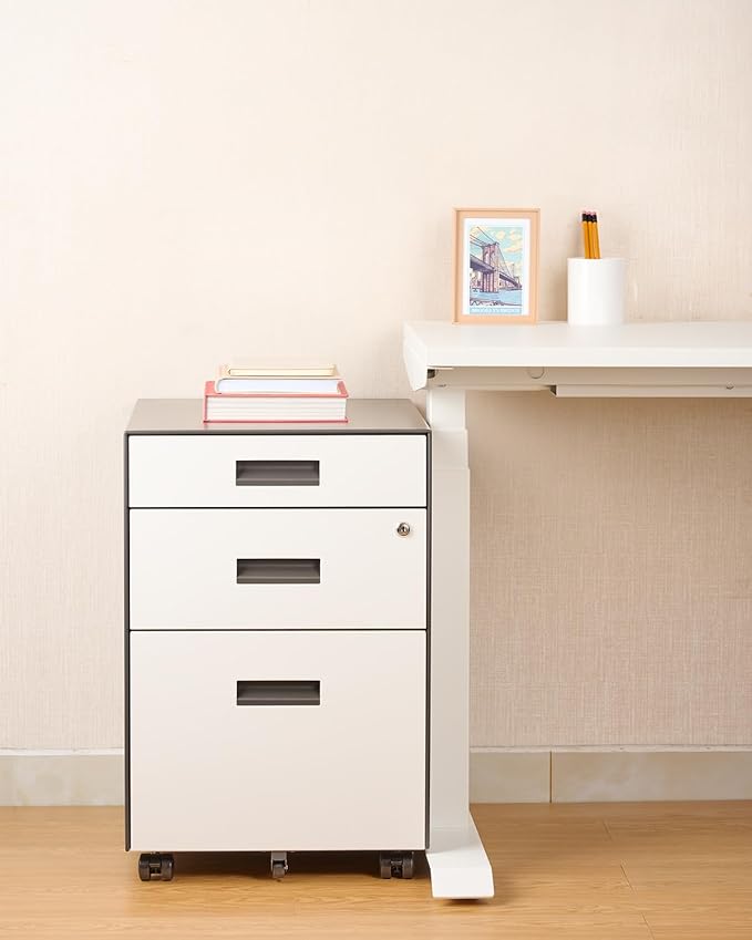 3 Drawer File Cabinet with Lock - Under Desk Metal Filing Cabinet, Legal/Letter File Folders, Wheels, Fully Assembled, White/Gray