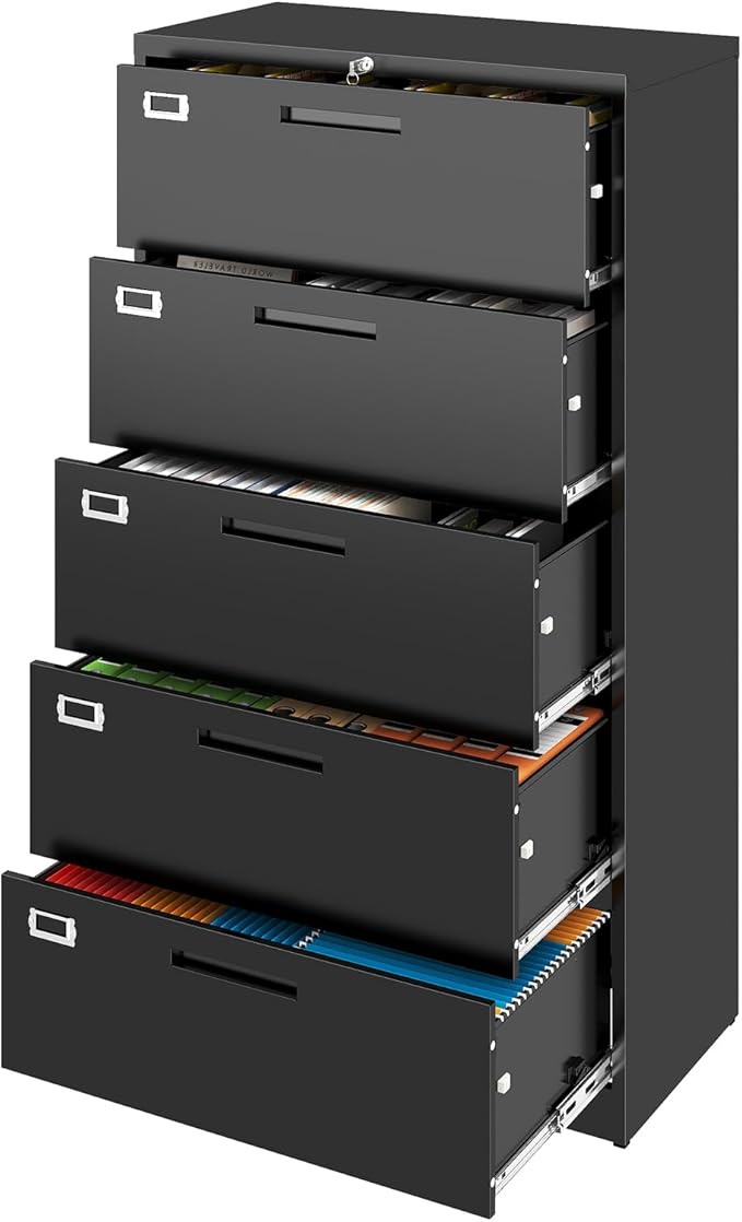 5 Drawer File Cabinet, Black Metal Lateral File Cabinet with Lock, Office Filing Cabinet for Legal/Letter/A4/F4 Size with Hanging Files, Lockable File Cabinets for Home Office
