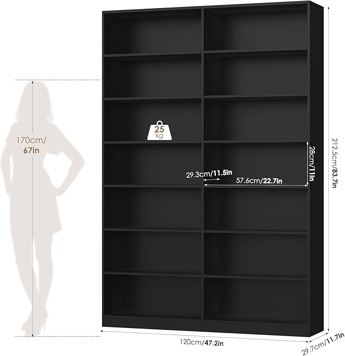 FACBOTALL 83.6" Tall Bookshelf and Bookcase, 7-Tier Extra Large Bookshelf with Double Storage, 14 Open Display Shelves for Home Office, Study and Living Room, Black