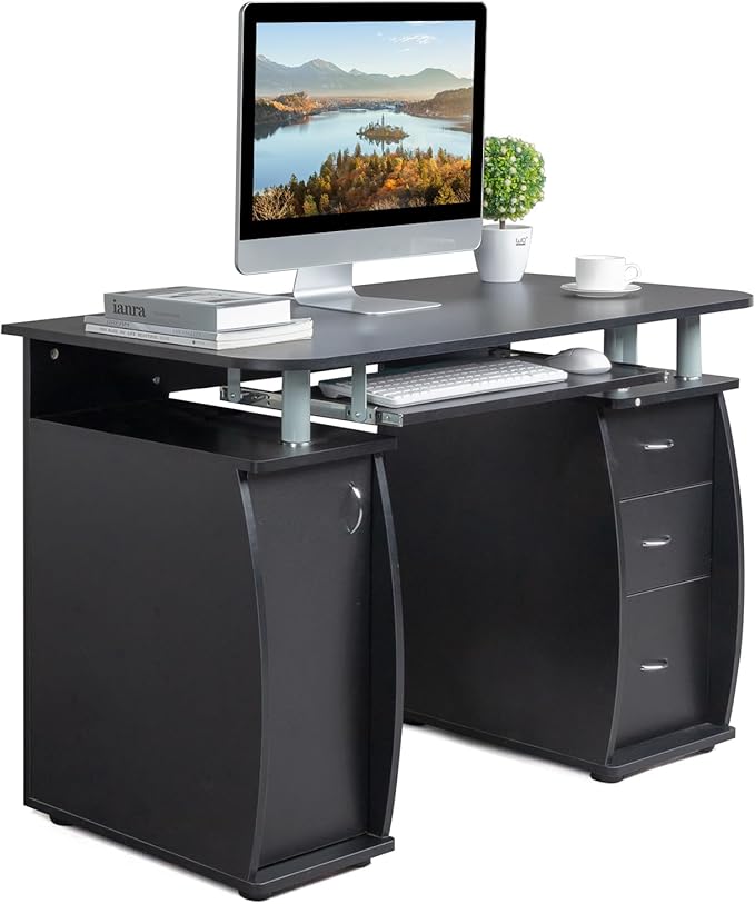 Karl home Computer Desk with Drawers & Storage Cabinet, Small Office Desk PC Laptop Workstation for Home, Studio, Office, Apartment, Black