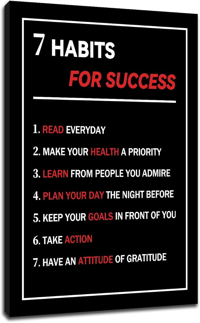 Inspirational Canvas Wall Art Poster 7 Habits For Success Inspirational Entrepreneur Quotes Painting Prints Inspiring Office Decor Modern Home Study Room Bedroom Gym Ready to Hang [12''Wx 18''H]