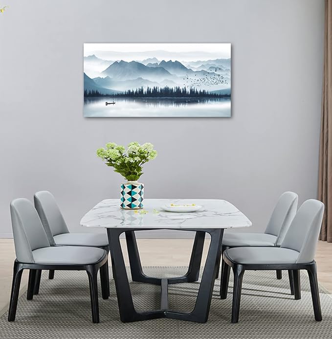 arteWOODS Indigo Canvas Wall Art Misty Mountain Wall Pictures Foggy Lake Boat Painting Print Blue Forest Birds Artwork Wall Decor for Living Room Wall Decorations Framed Ready to Hang 29" x 58"