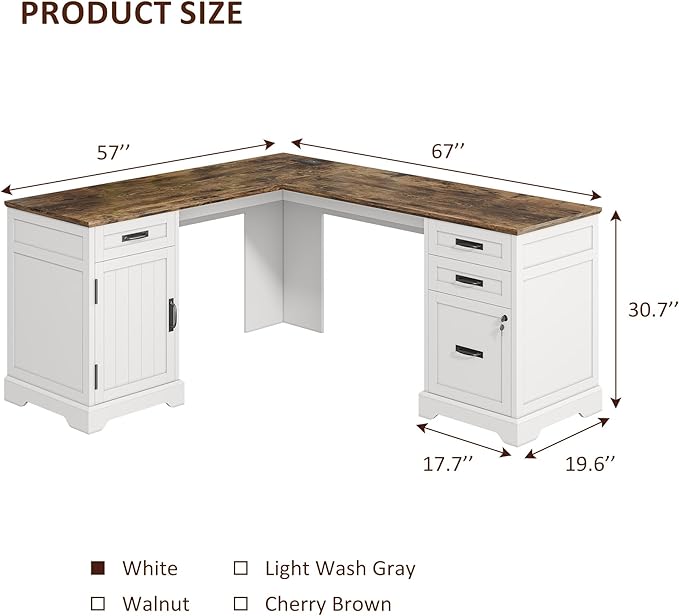 Alohappy 67'' L Shaped Desk with Drawers, Farmhouse Corner Computer Desk with File Storage and Charging Station for Home Office, White