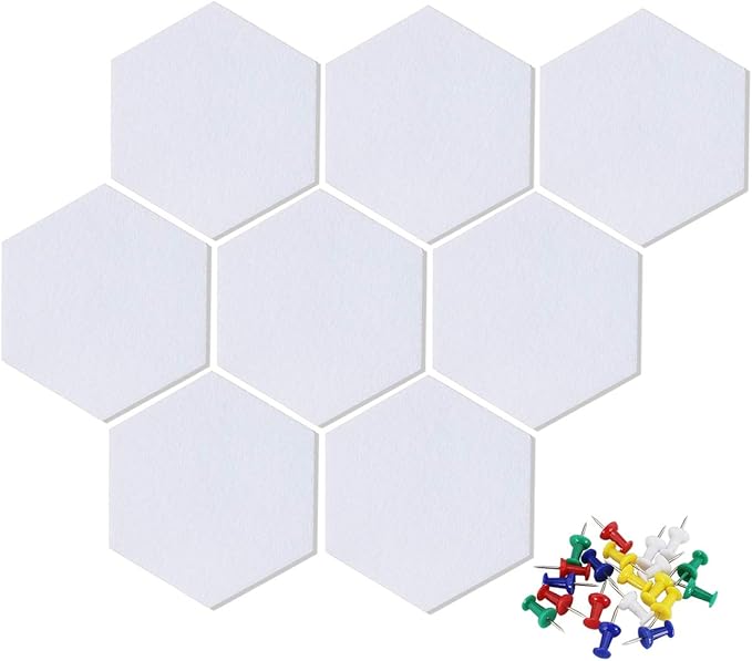 Felt Hexagon Bulletin Board with 20 Push Pins, Pack of 8 Notice Boards for Home Office Kitchen, Push Pin Board Felt Wall Tiles for Photos Memos