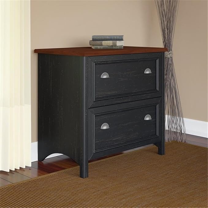 Bush Home Fairview 2 Drawer Lateral File Cabinet in Antique Black/Hansen Cherry, Home Office Storage for Letter, Legal, and A4-Size Documents