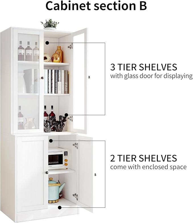 VOWNER Vertical File Cabinet, 3-Tier Modern Bookshelf with 3 Large Drawer, Wood Filing Cabinet with Open Storage Shelf, Glass Doors and Adjustable Shelves for Home Office, White (B)