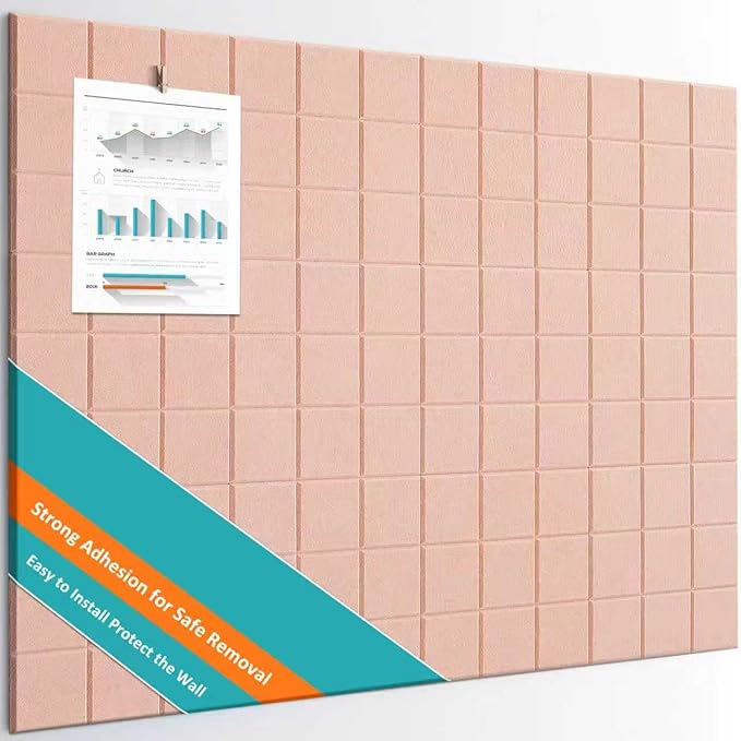 Large Cork Board, 12 Pack Felt Wall Tiles with Safe Removable Adhesive, Bulletin Board for Office, Pin Tack Corkboard for Quilting Design & Dart Wall Protector 48" x 36" - Pink Ivory