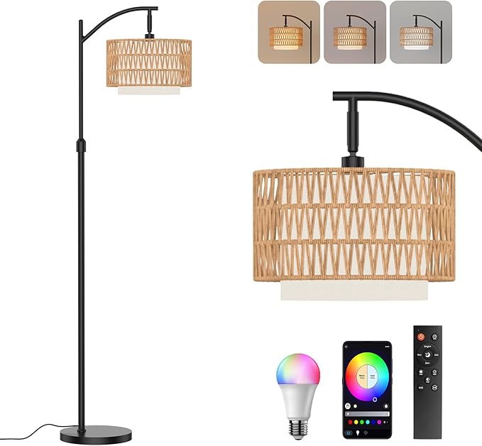 Boho Floor Lamp - Arched Floor Lamps for Living Room, Farmhouse Floor Lamp with 3 Color Temperature Black Standing Lamp with Rattan & Fabric Double Shade Bohemian Rattan Floor Lamps for Bedroom Office