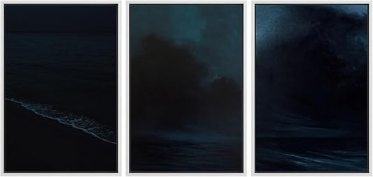 SIGNFORD Framed Wall Art Print Set Midnight Ocean Waves Dramatic Dark Seascape Digital Art Modern Art Contemporary for Living Room, Bedroom, Office - 24"x36"x3 White