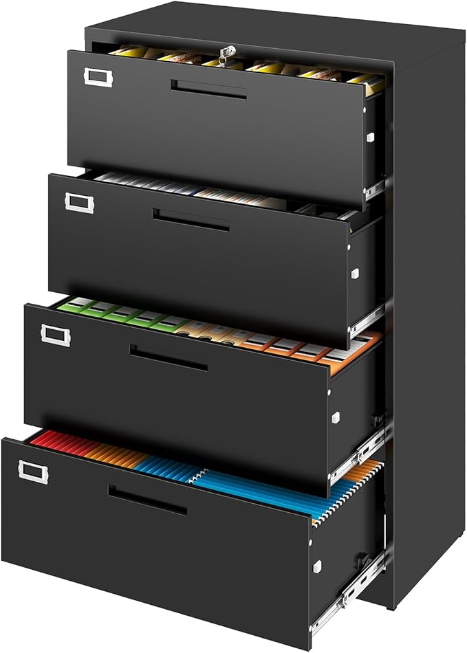 4 Drawer File Cabinet, Locking Lateral Filing Cabinet for Home Office, Black File Cabinets with Business Card Holder for Letter/Legal/F4/A4 Hanging Files