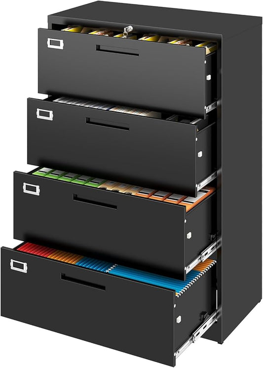 4 Drawer File Cabinet, Locking Lateral Filing Cabinet for Home Office, Black File Cabinets with Business Card Holder for Letter/Legal/F4/A4 Hanging Files