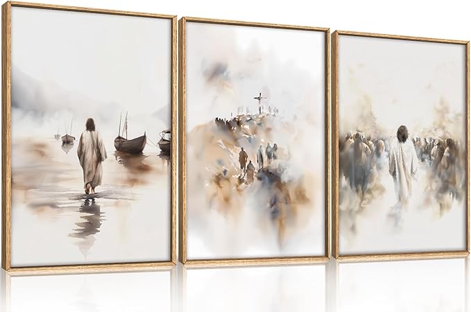 Ausril Jesus Framed Canvas Wall Art Set,Christian Bible Wall Decor, Minimalist Boho Christian Wall Painting, Retro Christmas Generic The Cross Art Prints for Living Room Bedroom, Church -16"x24"x3