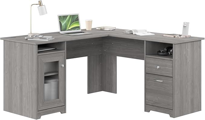 Bush Home Cabot 60W L Shaped Computer Desk with Storage in Modern Gray, 60-inch Corner Table with Drawers for Home Office Workspace