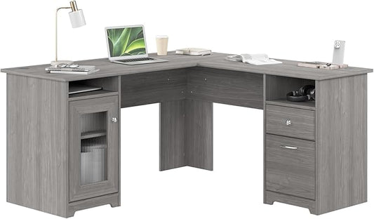 Bush Home Cabot 60W L Shaped Computer Desk with Storage in Modern Gray, 60-inch Corner Table with Drawers for Home Office Workspace