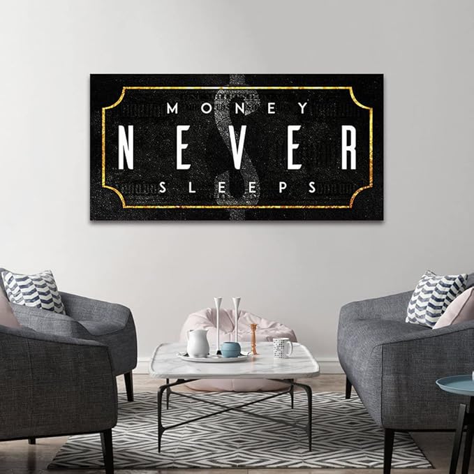 Large Size Canvas Painting Money Never Sleeps Posters and Prints Motivational Office Home Wall Decoration Pictures HD Print for School Coffee Shop, Framed 48" W x 24" H