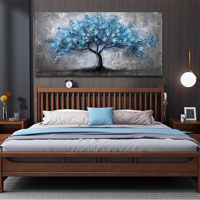 FUHAIHUA Canvas Wall Decor For Bedroom Large Wall Art For Living Room Office Decortions Black And White Paintings Blue Trees Wall Pictures Framed Mural Aesthetic Home Decor Posters Artwork 24x48 In