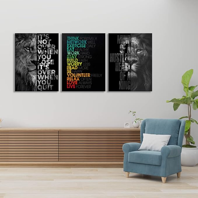 Halioyo 3 Piece Lion Wall Art - Motivational Wall Art, Inspirational Canvas Prints for Office Decor, Modern Lion Picture for Men, Leadership & Strength Pictures for Bedroom Living Room(12x16 inches)