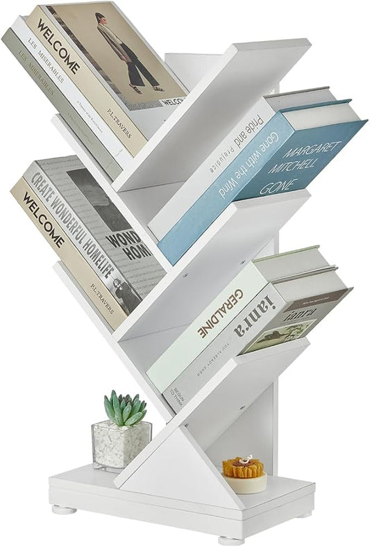 ruboka Tree Bookshelf, Retro Floor Standing Bookcase Display for CDs/Magazine/Books,Small Bookshelf for Bedroom,Living Room,Office,Balcony,Brown Storage Shelves (White, 5 Tier)