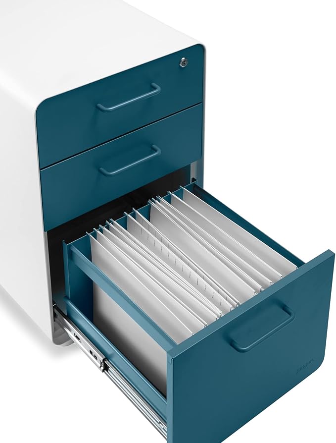 Poppin Stow 3-Drawer Rolling File Cabinet - White & Slate Blue. Utility & Hanging File Drawers. Locking & Non-Locking Wheels. Powder-Coated Steel. Two Keys Included