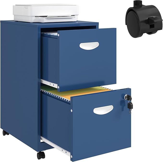 2 Drawer File Cabinet with Lock, Filing Cabinets with Wheels, Rolling File Cabinets for Home Office, Metal Office File Cabinet, Mobile Filing Cabinet for Holding Letters and File Boxes, Blue