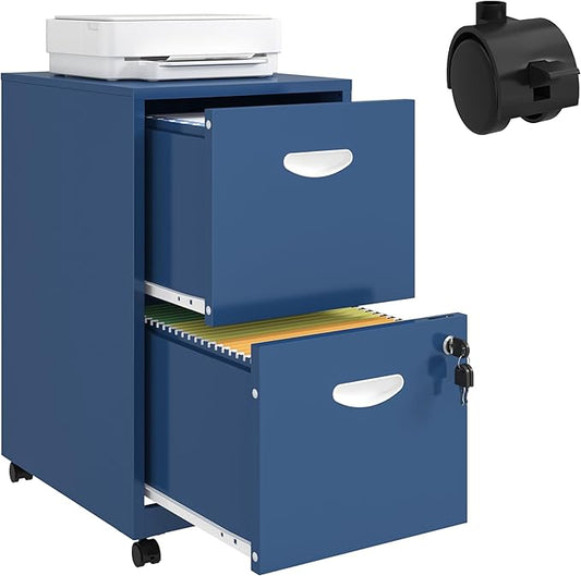 2 Drawer File Cabinet with Lock, Filing Cabinets with Wheels, Rolling File Cabinets for Home Office, Metal Office File Cabinet, Mobile Filing Cabinet for Holding Letters and File Boxes, Blue
