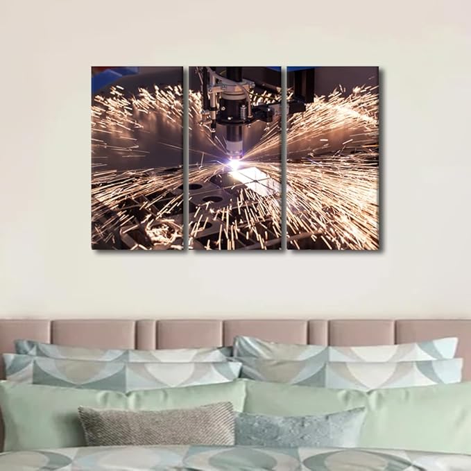 Canvas Painting Wall Art Industrial Machine Art Prints Plasma Cutting Wall Pictures for Office 3 Pieces Home Decorations Framed Wall Art Modern Wall Decor Artwork Wall Hanging, 36x24 Inch