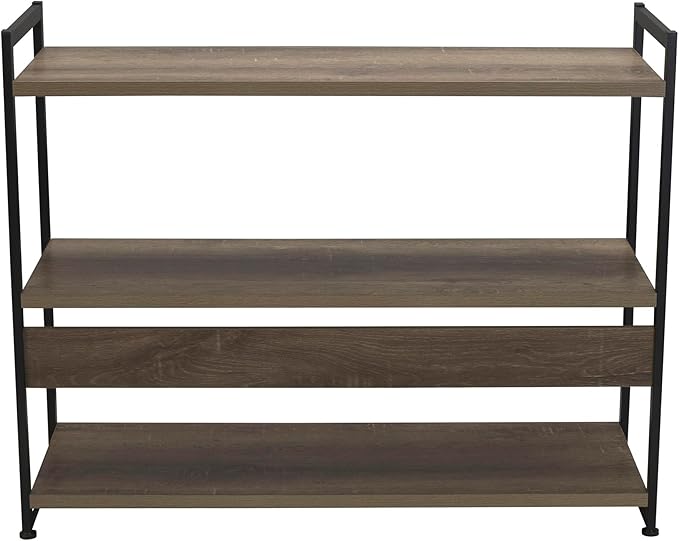 Household Essentials Jamestown Wide 3 Shelf Open Storage Bookshelf Ashwood Rustic Wood Grain and Black Metal