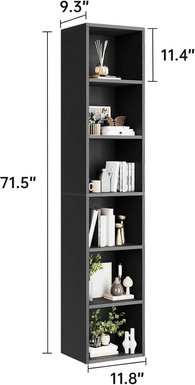 MXV Narrow Bookshelf, 6-Tier Open Bookcase, Coner Shelf, Storage Shelves, Display Storage Shelves, Floor Standing Unit, Home Decor, Furniture for Home Office, Living Room, Bedroom, Black