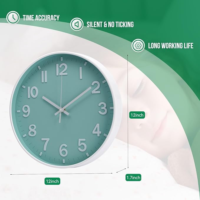 Wall Clock 12 Inch Mint Green Modern Simple Quartz Decorative Clock Non-Ticking Silent Battery Operated Round Wall Clocks Trendy and Practical Best Gift for Living Room Bedroom Kitchen Office
