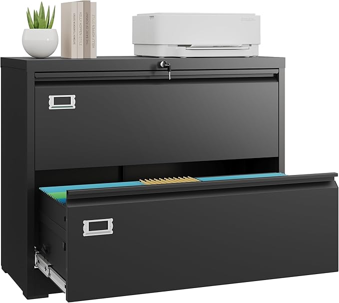 DEVAISE Metal Lateral File Cabinet with Lock, 2 Drawer Wide Filing Cabinet for Letter/Legal/F4/A4 Hanging Files, Storage Cabinet for Home Office School, Black