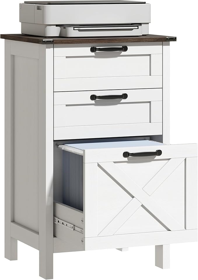 HOMCOM 3 Drawer File Cabinet with Silent Slides, Vertical Filing Cabinet for Hanging A4/Letter Size, Rustic Farmhouse Printer Stand with Storage for Home Office, Distressed White