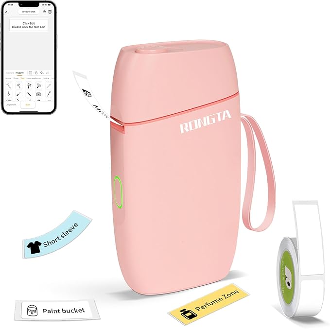 Rongta Mini Label Maker Machine with Tape, Bluetooth Label Printer R5, Portable Wireless Sticker Labeler with Multiple Templates for Office Organization Home Kitchen School (Pink)