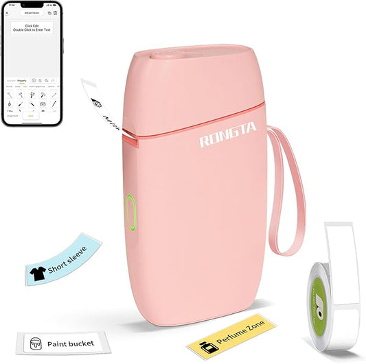Rongta Mini Label Maker Machine with Tape, Bluetooth Label Printer R5, Portable Wireless Sticker Labeler with Multiple Templates for Office Organization Home Kitchen School (Pink)