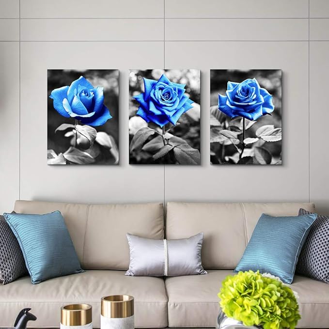 Lapremoly Wall Art For Bedroom Black And White Wall Decor For Living Room Kitchen Family Pictures Artwork Blue Rose Flowers Framed Canvas Paintings Ready To Hang Modern Office Home Decorations