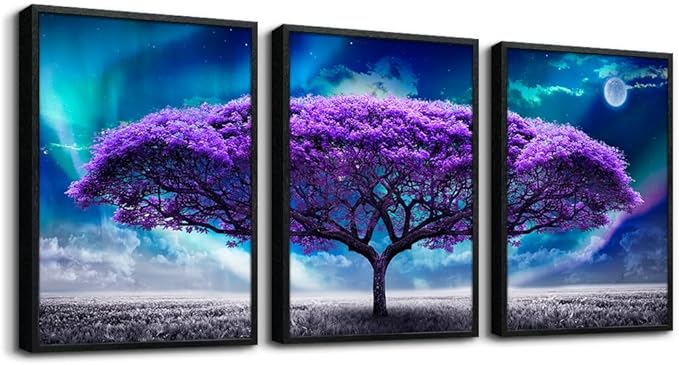 Lapremoly Black Framed Wall Art For Living Room Large Size Decor Bedroom Pictures Aurora Purple Tree Scenery Painting Office Modern Home Decorations Set Of 3 Piece Prints