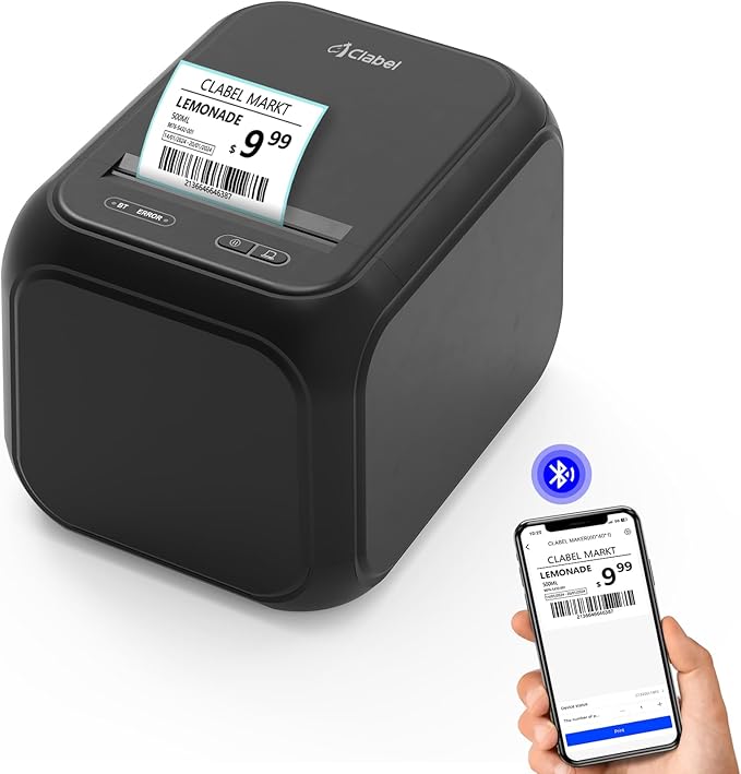 CLABEL Desk Bluetooth Barcode Label Printer: Label Maker with Direct Thermal Printing, 2-3 Inch Print Width for Barcodes Address Warehouse with 1 Roll 40x30mm Label (3 Inch Soot)