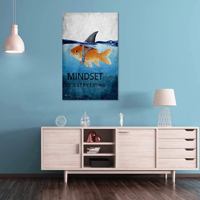 Office Inspirational Wall Art Mindset is Everything Entrepreneur Motivational Quotes Canvas Painting Goldfish Pictures Wall Decor Artwrok Ready to Hang for Office Home Decoration - 28''Wx44''H
