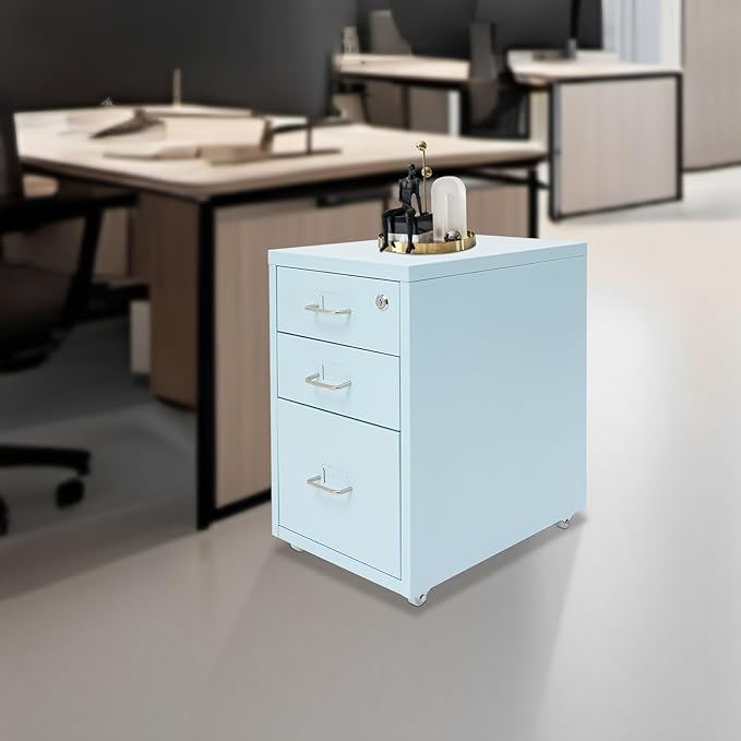 3 Drawer Vertical File Cabinet, Filing Cabinets for Home Office, Metal Vertical File Storage Cabinet with Lock, Locking File Cabinet for Office, Study, Dresser, 11" W x 16" D x 18.3" H, Black (Blue)
