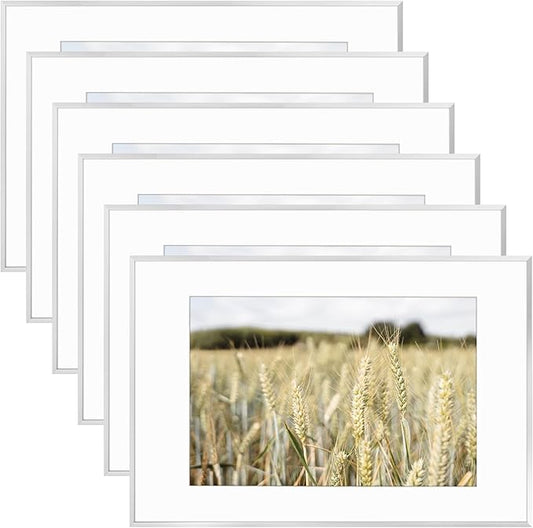 Golden State Art, Gallery Wall Frame Set of 6 - Silver 16x24 Aluminum Photo Frames with Mat for 12x18 Pictures - 16 x 24 inch Metal Frame with Real Glass Cover - Elegant Home or Office Decor