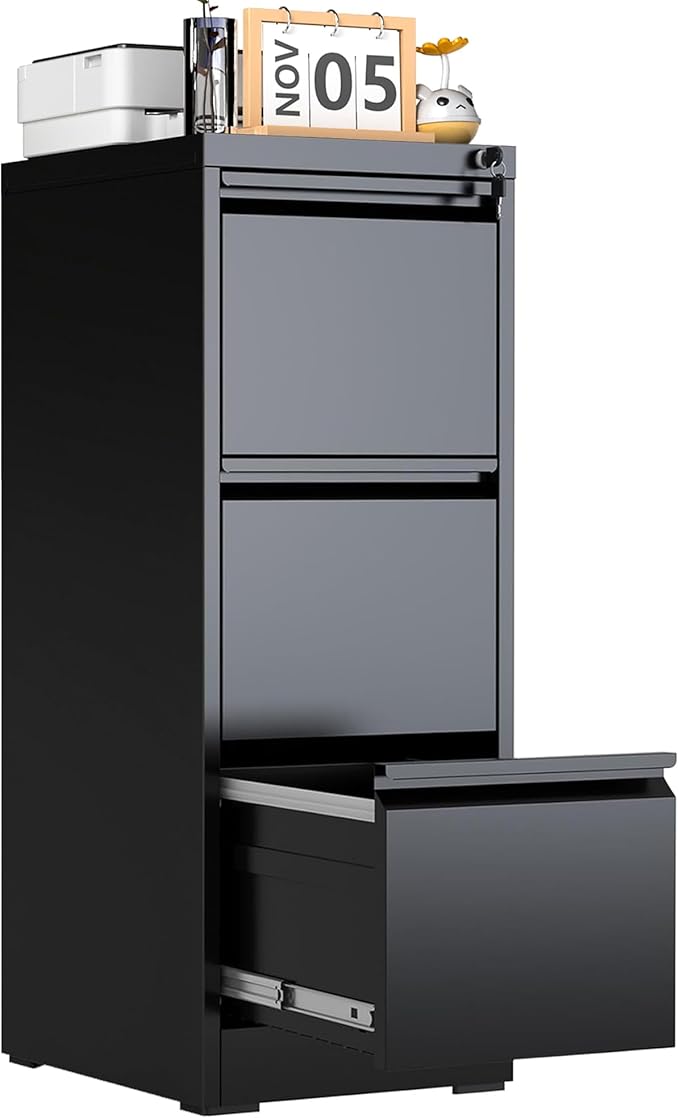 3 Drawer File Cabinet with Lock, Metal Filing Cabinet for Home Office, Vertical File Cabinet for Letter/Legal/A4/F4 Documents, Easy to Assemble Steel Storage Cabinet