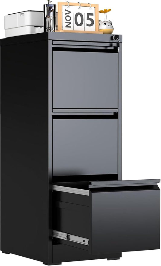 3 Drawer File Cabinet with Lock, Metal Filing Cabinet for Home Office, Vertical File Cabinet for Letter/Legal/A4/F4 Documents, Easy to Assemble Steel Storage Cabinet