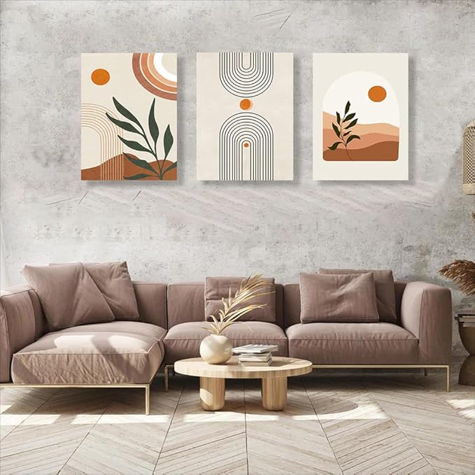 Boho Wall Art Set of 3, MidCentury Modern Wall Prints Framed Canvas Paintings Minimalist Abstract Geometric Beige Orange Moon Plant Desert Nature Illustrations Artwork, Boho Wall Decor Ready To Hang