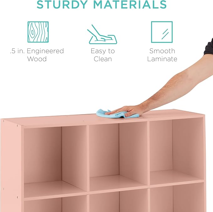 Best Choice Products Kids Bookcase 9-Cube Storage Organizer, 13.5in Shelf Opening, Bookshelf, Toy Storage, Customizable w/ 3 Removable Back Panels – Light Pink